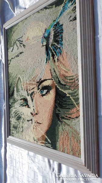 Woman with cat - tapestry picture - modern picture in elegant frame