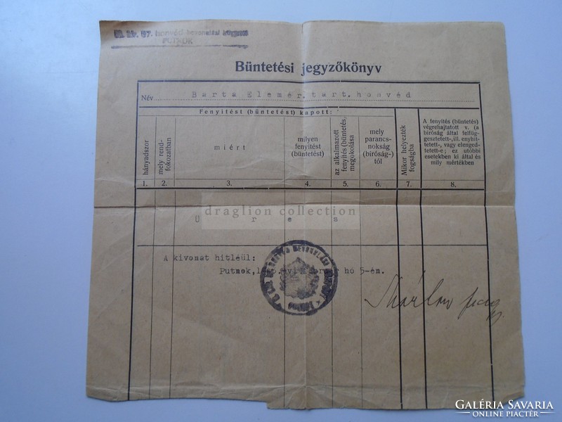 G21.809 Putnok - punishment report of the military invasion center -barta elemér