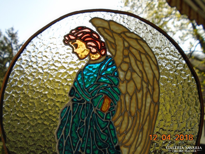 Színes zománc  dombor szárnyas angyal Mária üveg hatású Karácsonyi ablak üveg dísz  18,5 cm