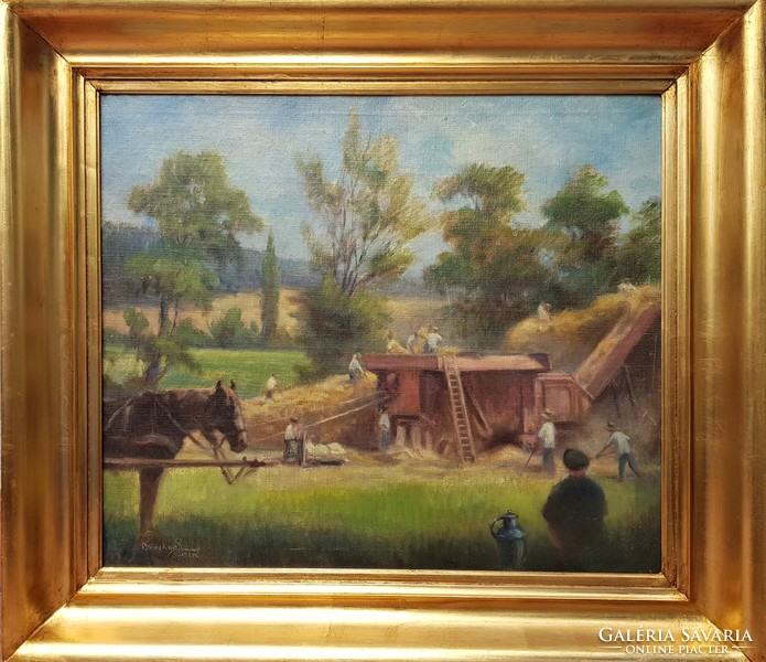 Sándor Pölöskey 1955 / harvest with threshing machine