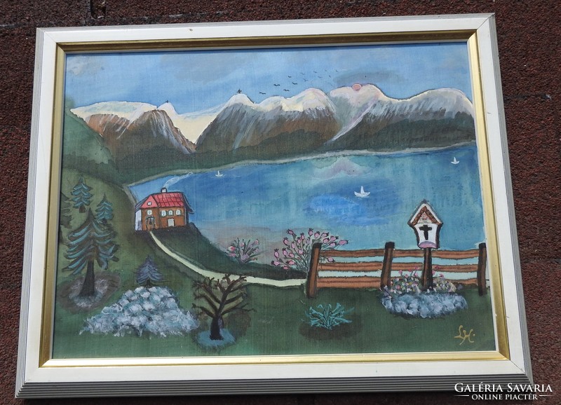 Snowy mountain peaks with lake - naive marked painting