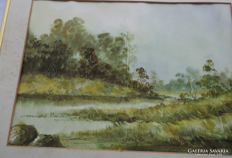 Marked matie watercolor landscape in copper frame