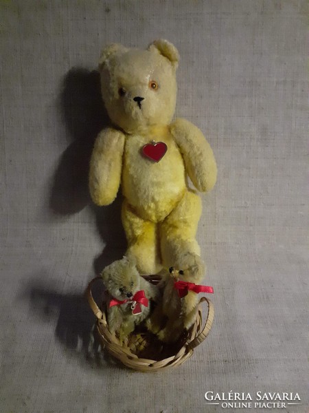 3-piece old heart marked teddy bear collection in one gift with small cane basket
