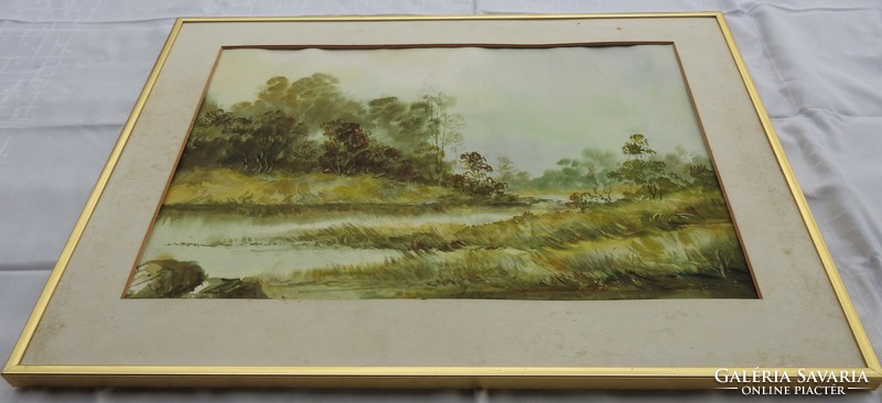 Jelzett Matie akvarell tájkép réz keretben
