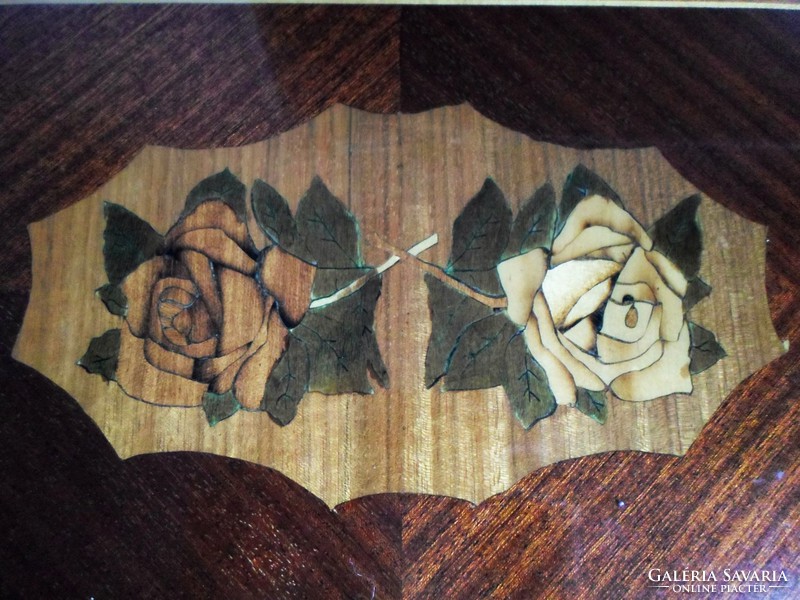 Antique wooden tray with colorful roses inlaid 40 cm