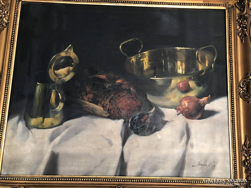 Murin Vilmos festmény, fácános asztali, vadászcsendélet olaj, fa blondel keretben. Kép: 67 x 53 cm