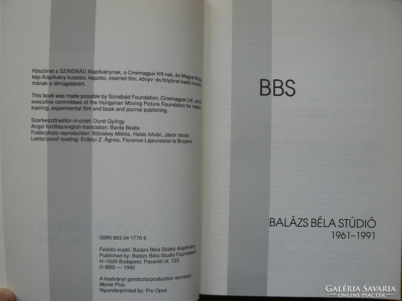 Balázs béla studio 1961-1991, bbs 1992, book in good condition