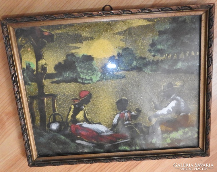 Antique silk picture - life picture picnic on the lake shore