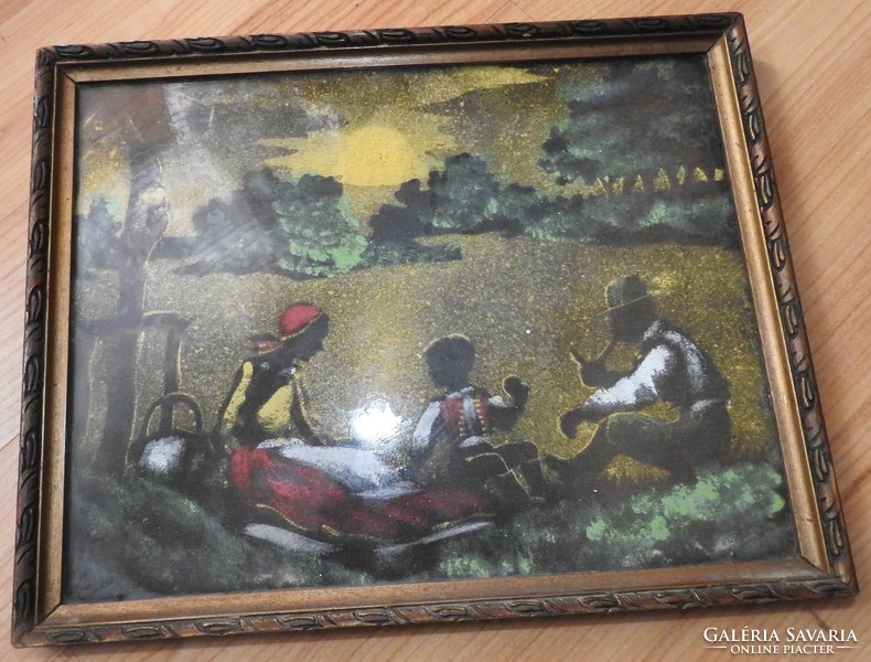 Antique silk picture - life picture picnic on the lake shore