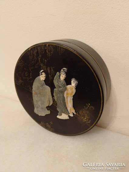 Antik kis kör alakú ázsiai kínai fekete lakk dobozka zsírkő gésa massza berakás