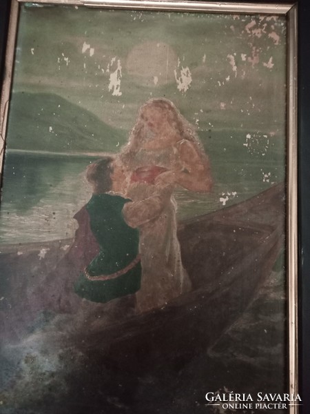 Romantikus XIX. századi festmény szerelmes pár csónakban a telihold fényénél