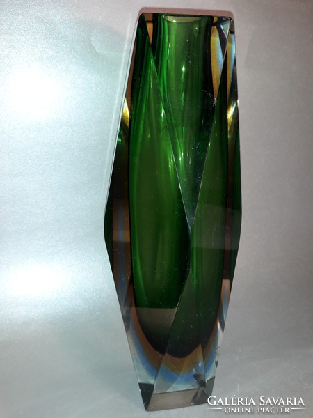 MOST MEGÉRI ÁRON 25 cm Murano Allesandro Mandruzzato Sommerso gyémánt csiszolású üveg váza kiskoccal