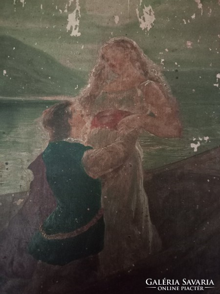 Romantic xix. Century painting of a couple in love in a boat in the light of the full moon