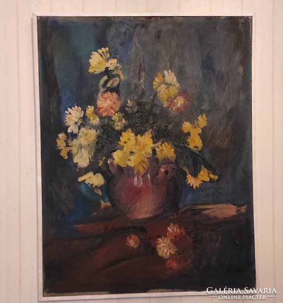 Beautiful table flower still life on canvas painting. Captain Eve Sign.