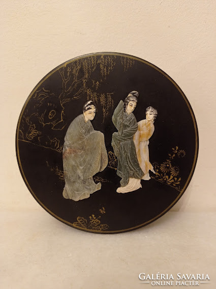 Antique small circular Asian Chinese black lacquer box with pumice geisha paste inlay