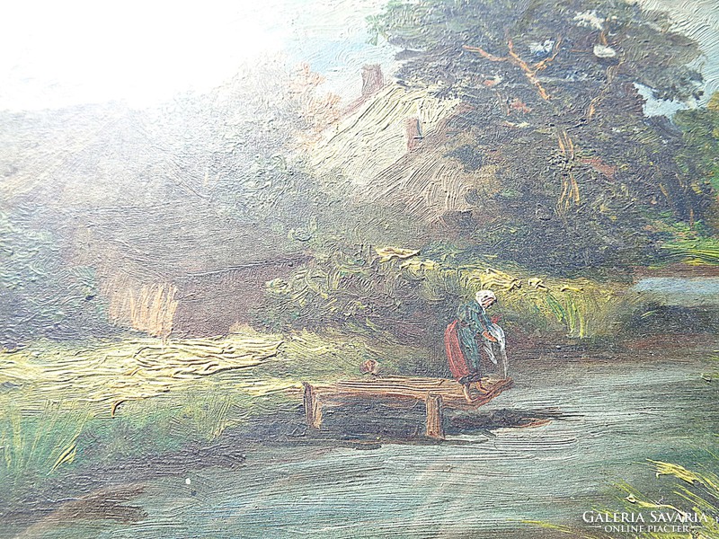 Woman washing in stream, oil painting with sign painted on cardboard