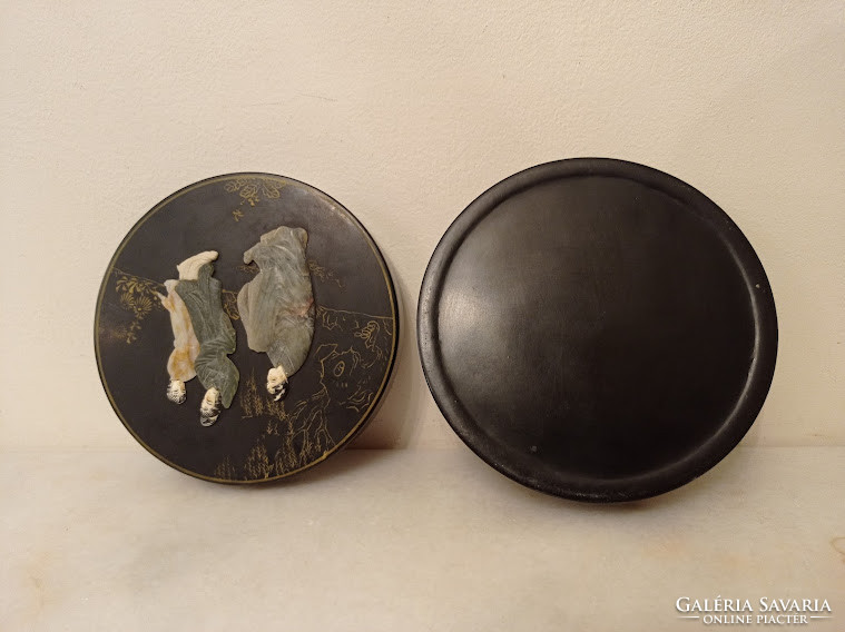 Antik kis kör alakú ázsiai kínai fekete lakk dobozka zsírkő gésa massza berakás