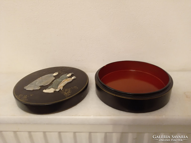 Antik kis kör alakú ázsiai kínai fekete lakk dobozka zsírkő gésa massza berakás