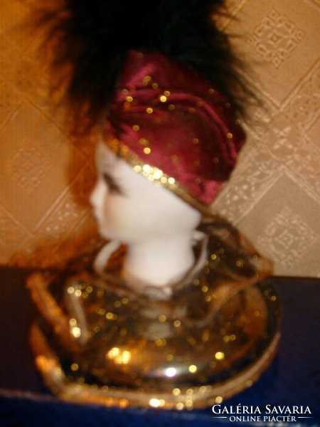 Tk antique teababa original red cap with headgear + branded feather ornate rare porcelain head, 17 cm high