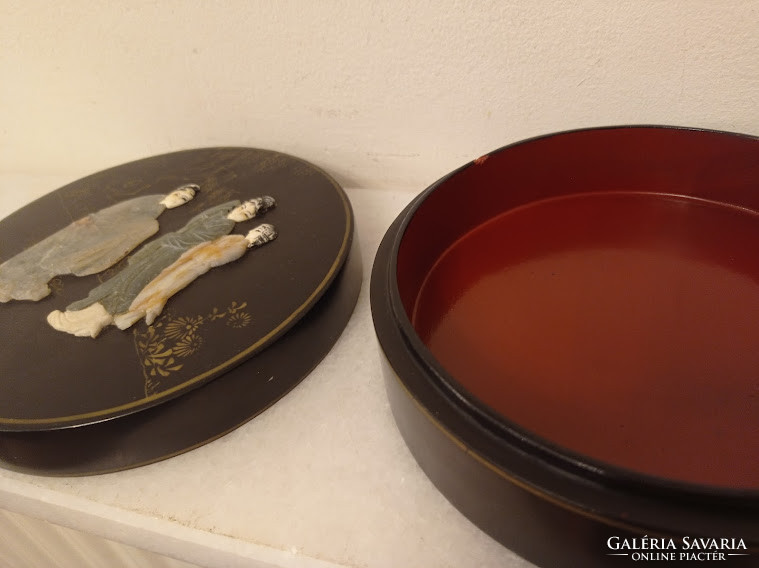 Antik kis kör alakú ázsiai kínai fekete lakk dobozka zsírkő gésa massza berakás