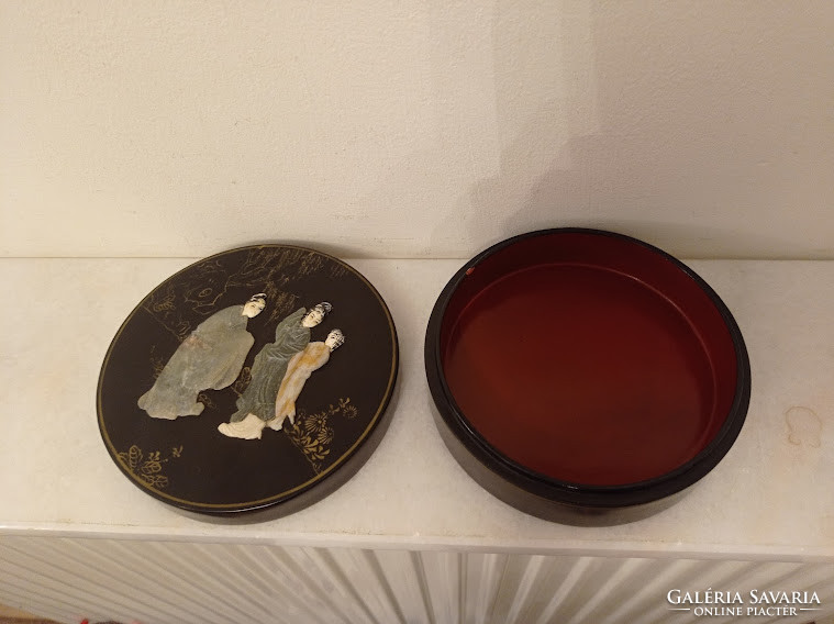 Antik kis kör alakú ázsiai kínai fekete lakk dobozka zsírkő gésa massza berakás