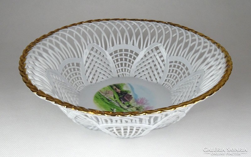 1G161 old marked openwork gilded porcelain basket 22 cm