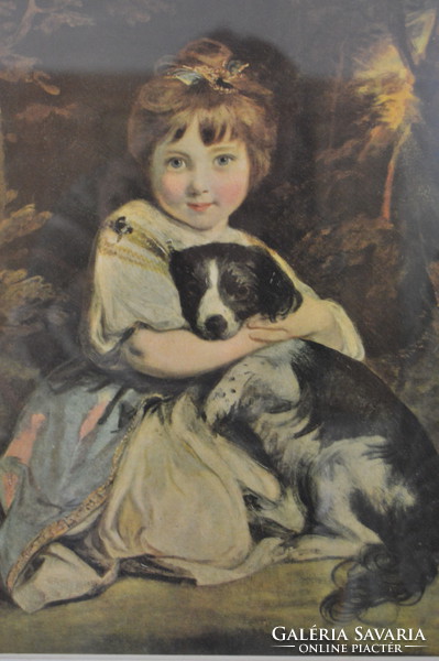 Régi Angliai Nyomat keretben "Kislány a kutyájával"