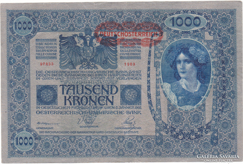 Ausztria 1000 Osztrák -magyar korona "DEUTSCHÖSTERREICH" felülnyomással 1902/1919 VG