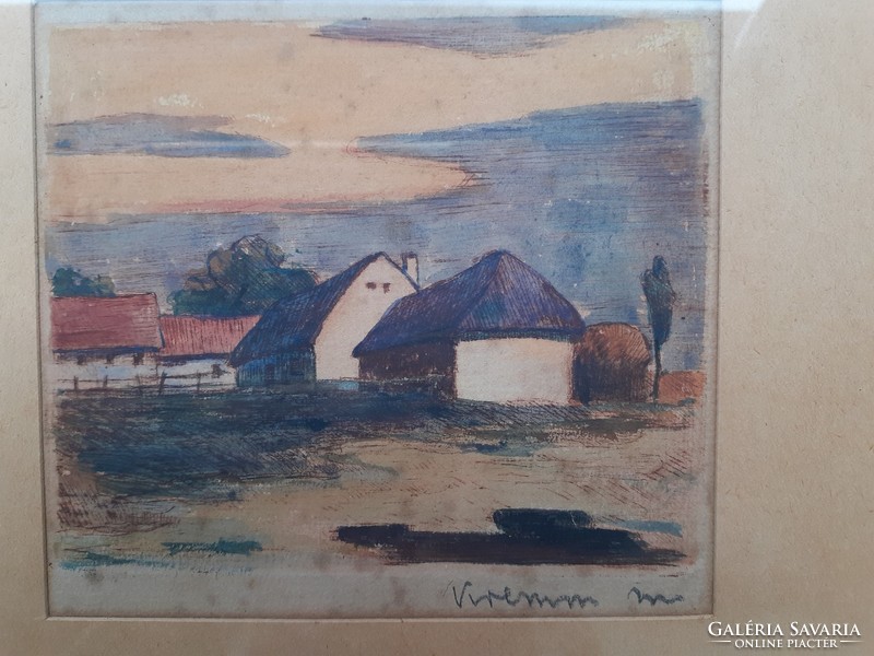 Village houses with cream marking - old colored etching