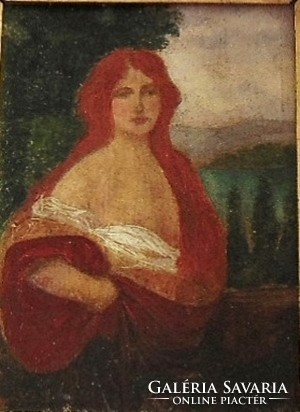 Antik olaj festmény  -  Vörös hajú leány portréja