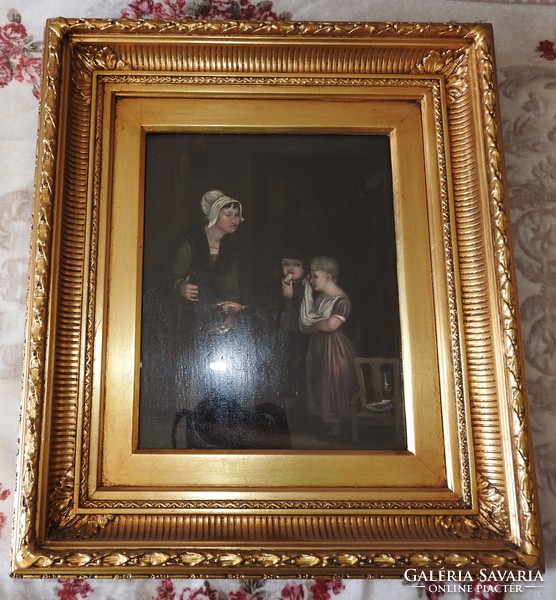 Museum quality antique painting - family life oil / wood
