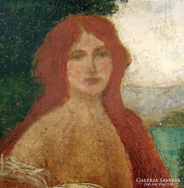 Antique oil painting - portrait of red-haired girl