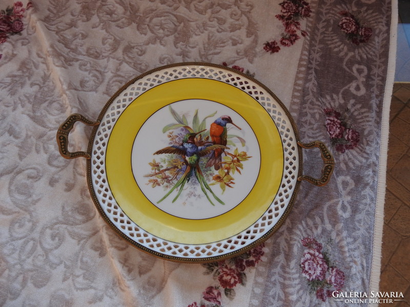Hummingbird bird hand painted bavaria porcelain bowl with bronze fittings
