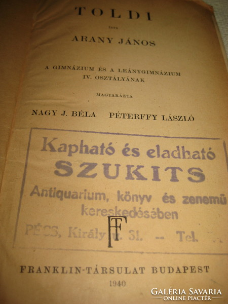 János Arany: Toldi 1940 edition Franklin troupe