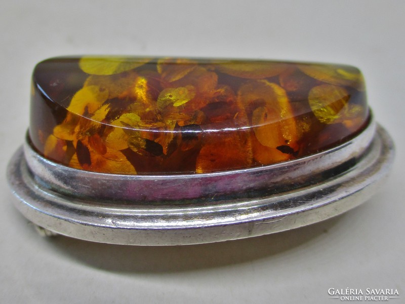 Beautiful old silver brooch with big real amber