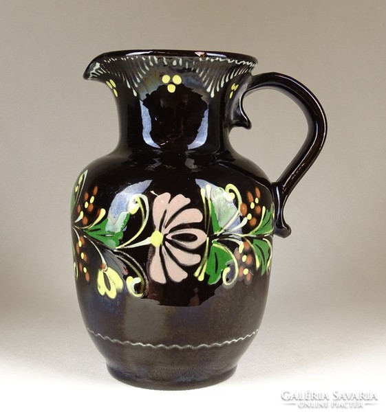 1G208 black glazed painted flower pattern tile jug 19 cm