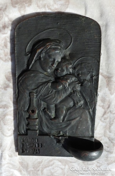 Madonna della sedia antique bronze holy water holder, hanging on the wall 26x17 cm