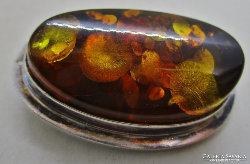Beautiful old silver brooch with big real amber