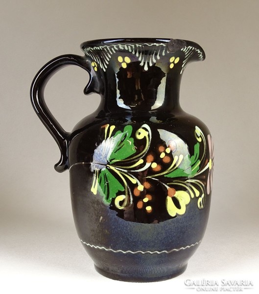 1G208 black glazed painted flower pattern tile jug 19 cm