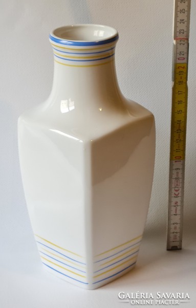 Blue and yellow striped porcelain vase with coat of arms of Hollóháza 