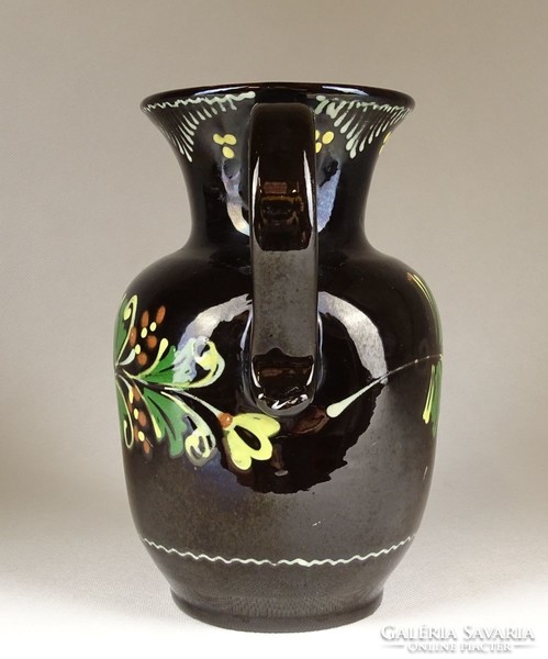 1G208 black glazed painted flower pattern tile jug 19 cm