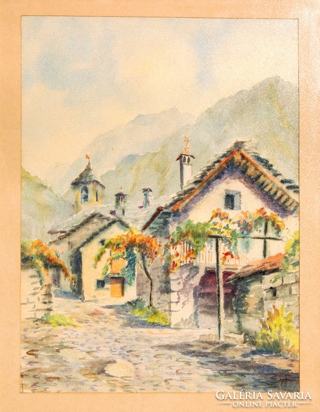 T.T.:  Virágos utca (Sonogno, Svájc) - keretezett akvarell