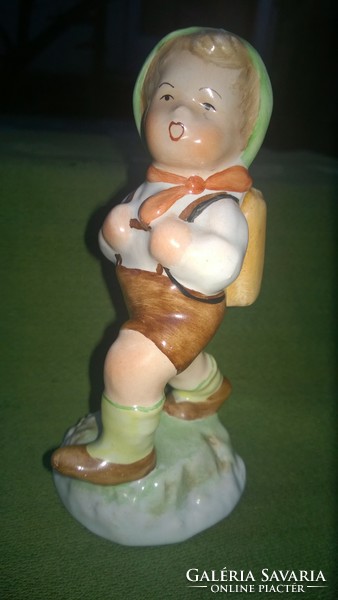 Hiking little boy ceramic retro figurine