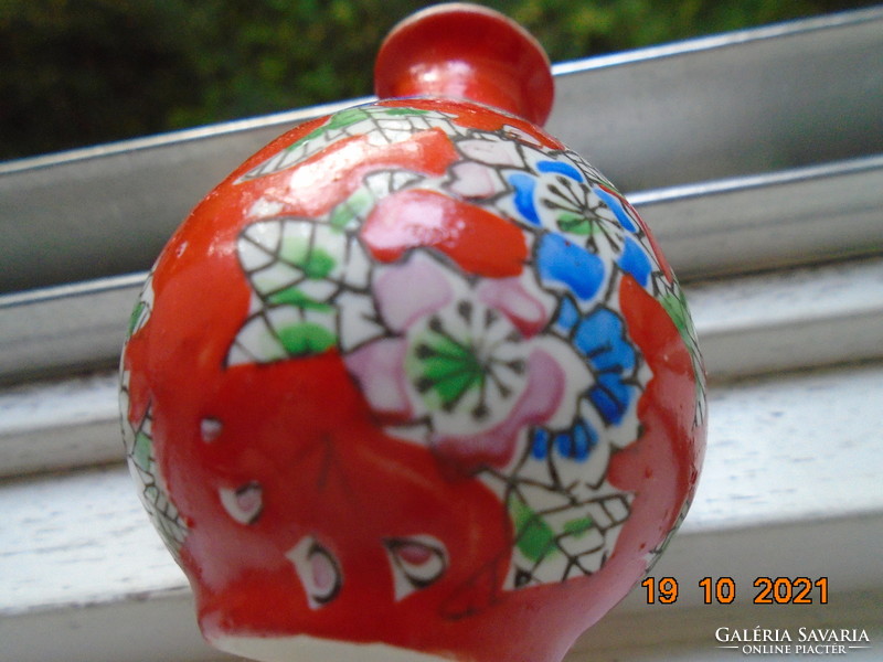 Small painted coral red Chinese vase with hand painted colorful floral patterns