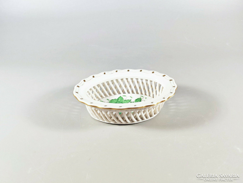 Herend, apponyi green hand painted small porcelain basket, flawless! (I113)