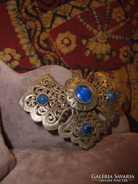 Large antique silver brooch with lapis lazuli stone
