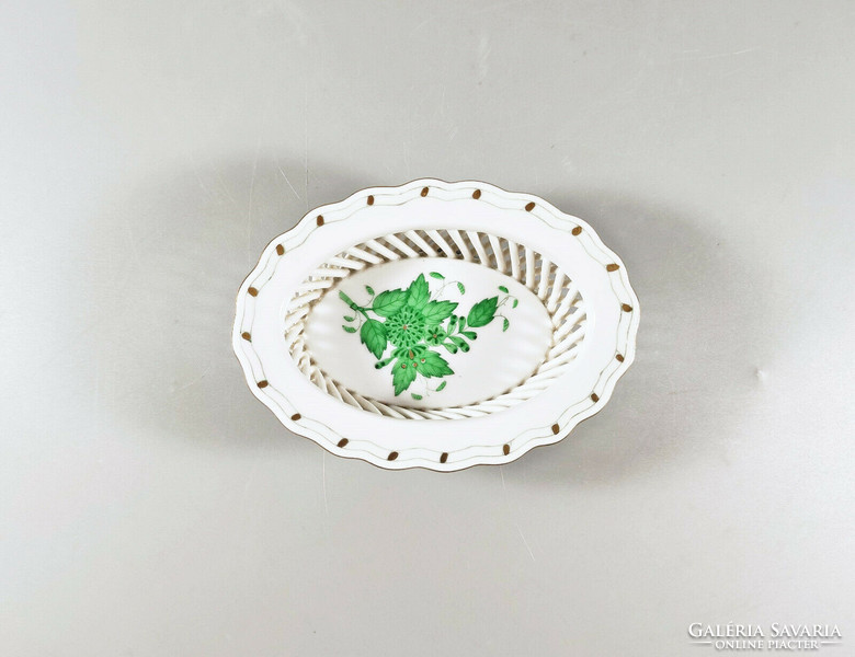 Herend, apponyi green hand painted small porcelain basket, flawless! (I113)