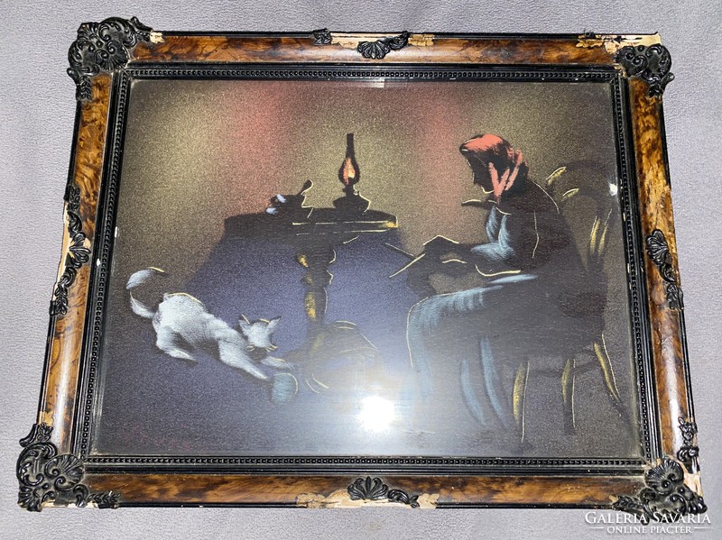 Beautiful folk-style silk picture of a kitten in a decorative frame 24x30 cm