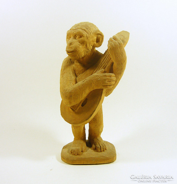 Guitar monkey 21 cm signed hand-carved wooden sculpture, flawless! (F037)