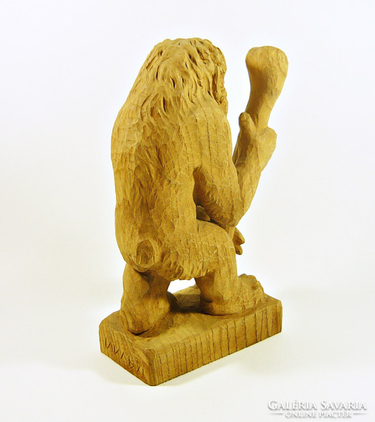 Jerky caveman signed hand-carved wooden statue, flawless! (F043)